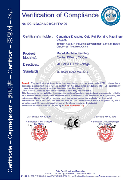 Porcellana RFM Cold Rolling Forming Machinery Certificazioni